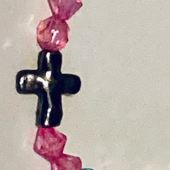 Handmade Pink and Blue Bicone and Round Bead Bracelet W/ Metallic Metal Cross - Picture 3 of 3